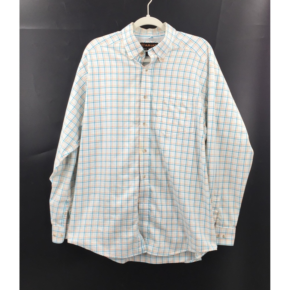 Ariat pro series Blue Orange Yellow Plaid Button Up Long Sleeve Shirt spring L